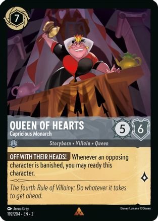 Lorcana - Queen of Hearts (Capricious Monarch) - 192/204 - Rare - Rise Top Collectibles Lorcana - Queen of Hearts (Capricious Monarch) - 192/204 - Rare - Rise Top Collectibles