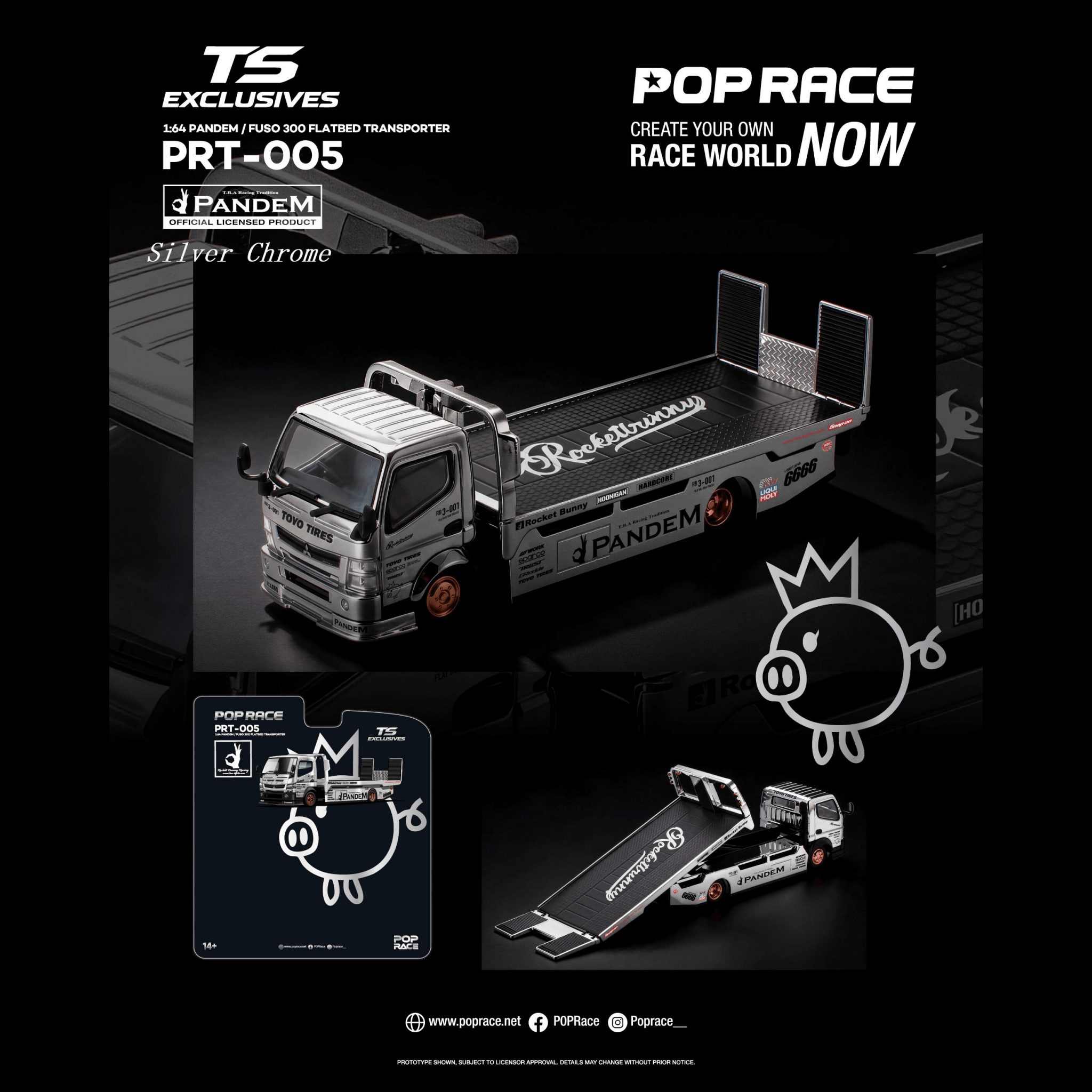 POP RACE XCART OYS PANDEM FUSO-300積載車 Pre-Order* Pop Race - PANDEM Fuso 300 Flatbed Transporter - Silver