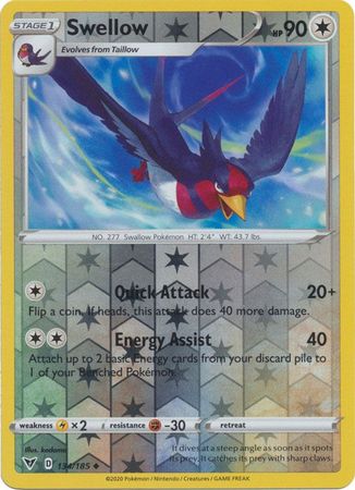 Pokemon - Swellow - 134/185 - Uncommon Reverse Holo - Sword & Shield: Vivid Voltage Series