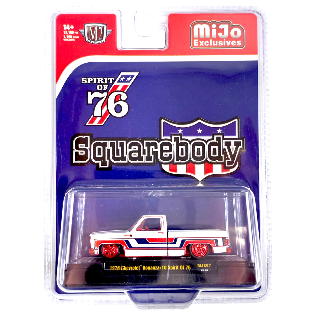M2 Machines - 1976 Chevrolet Silverado Bonanza-10 SPIRIT OF 76 Squarebody USA Special Edition – White – MiJo Exclusives *Chase*