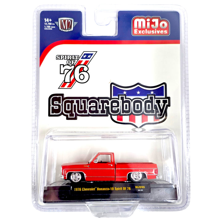 M2 Machines - 1976 Chevrolet Silverado Bonanza-10 SPIRIT OF 76 Squarebody USA Special Edition – Red – MiJo Exclusives