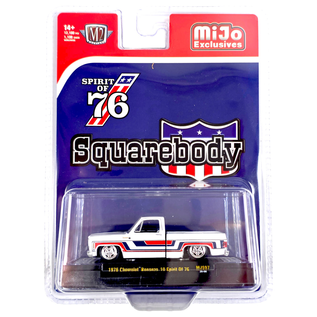 M2 Machines - 1976 Chevrolet Silverado Bonanza-10 SPIRIT OF 76 Squarebody USA Special Edition – White – MiJo Exclusives