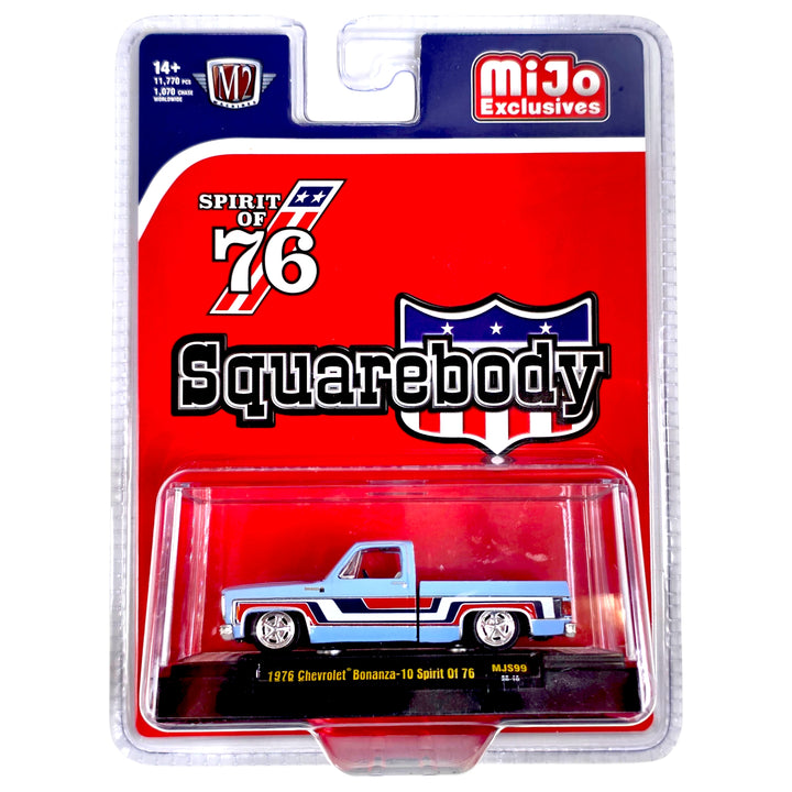 M2 Machines - 1976 Chevrolet Silverado Bonanza-10 SPIRIT OF 76 Squarebody USA Special Edition – Blue – MiJo Exclusives