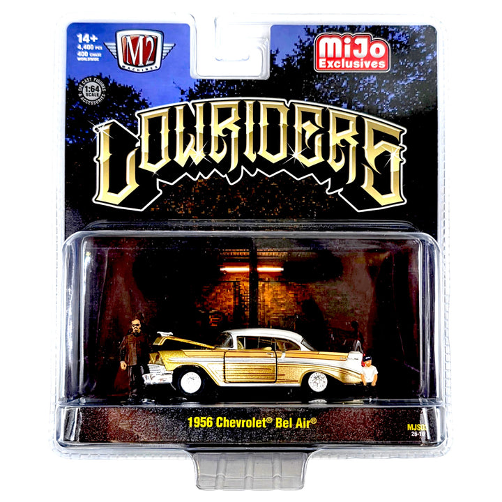 M2 Machines - Diorama Series 1956 Chevrolet Bel Air Lowriders with 2 Dad &amp; Son Figures – Beige Gold – Mijo Exclusives
