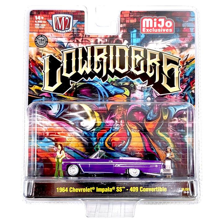 M2 Machines - Diorama Series 1964 Chevrolet Impala SS Convertible Top-Down Lowriders with 2 Ladies Figures – Metallic Purple – Mijo Exclusives