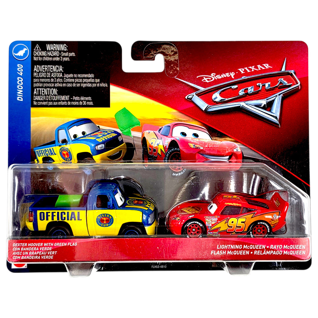 Disney Pixar - Dexter Hoover with Green Flag &amp; Lightning McQueen - 2018 Cars Dinoco 400 2-Pack