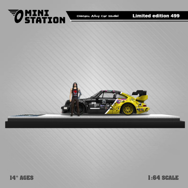 Mini Station - Porsche 911 (964) RWB - Cyberpunk 2077 "Samurai" Black & Yellow w/ Figure