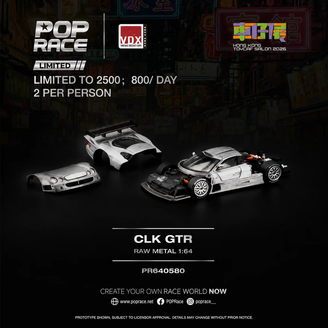 Pop Race x VDX - Mercedes-Benz CLK AMG GTR - Raw Metal *Hong Kong Toy Car Salon 2026 Exclusive*