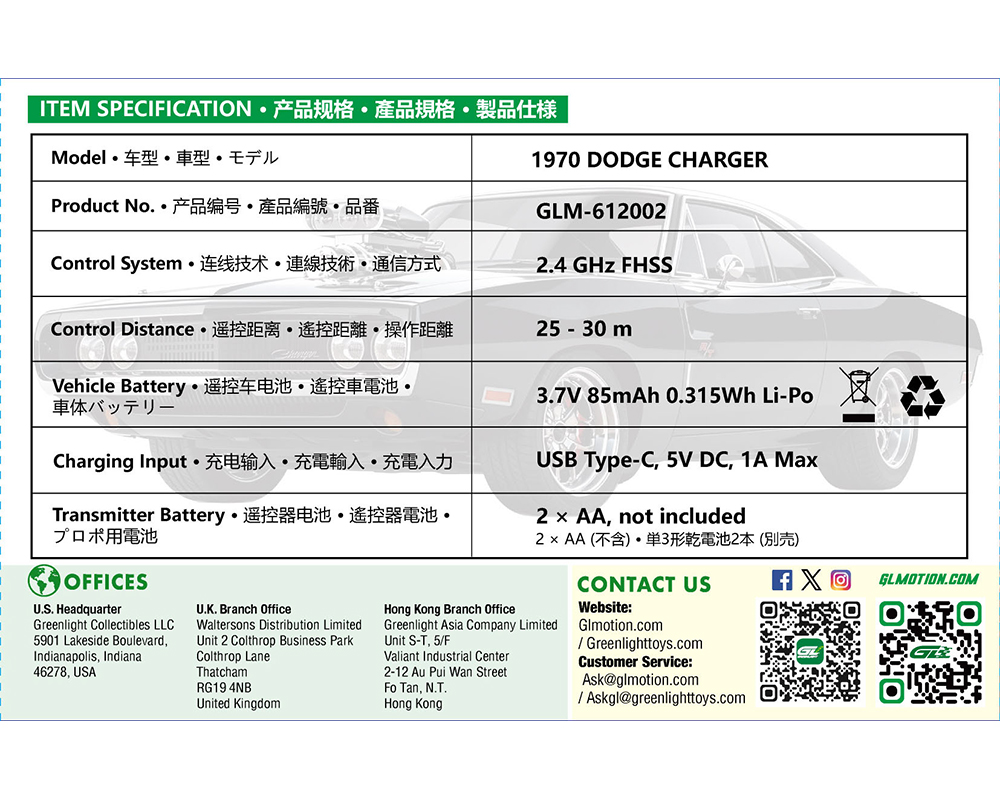 *Pre-Order* Greenlight - RC The Fast &amp; The Furious 1970 Dodge Charger “Dom’s Charger” Combo Set - Greenlight Motion Series