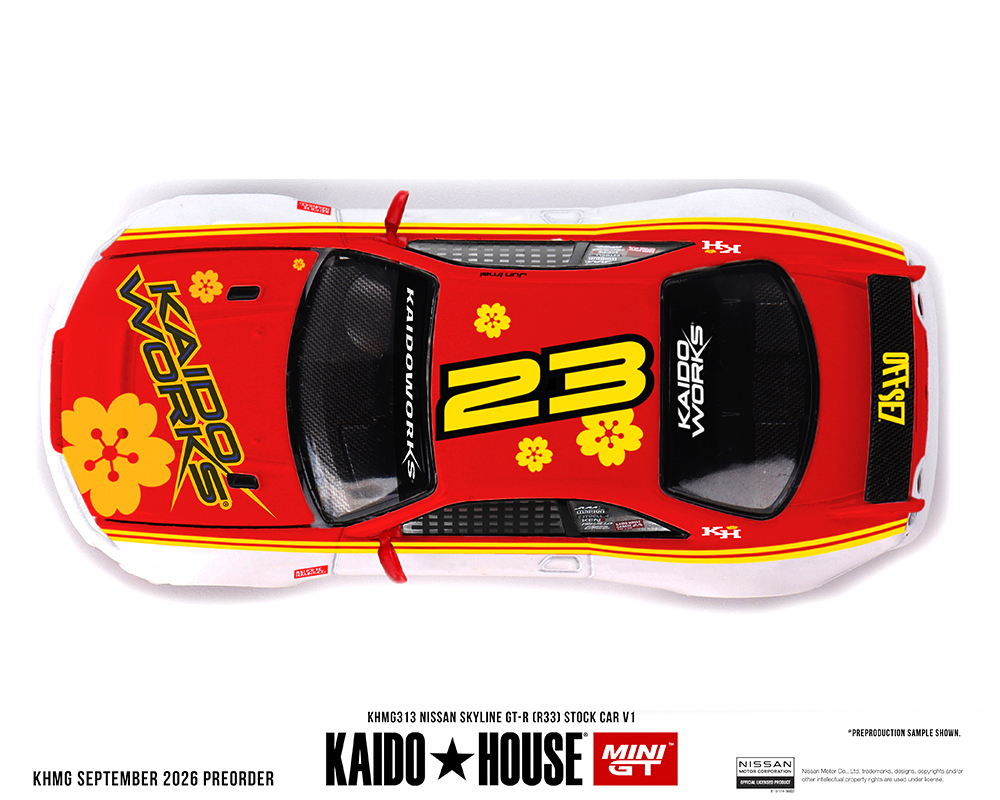 *Pre-Order* Kaido House x Mini GT - Nissan Skyline GT-R (R33) Kaido Stock Car V1 – White w/ Red Two-tone *Sealed, Possibility of a Chase*