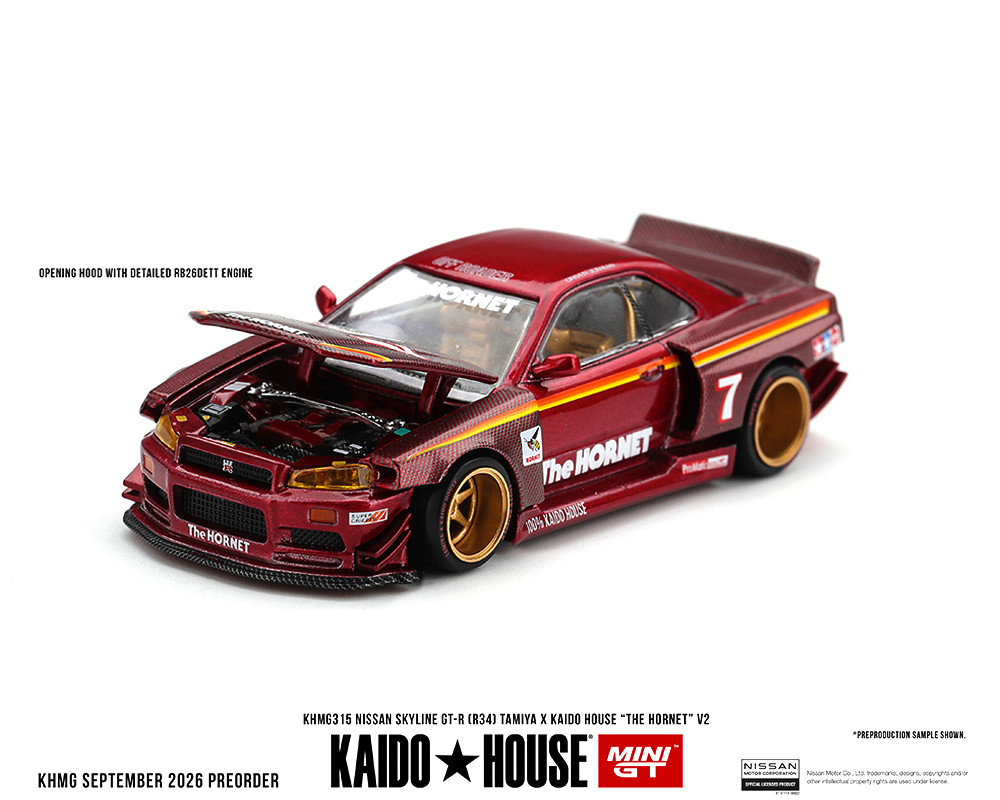 *Pre-Order* Kaido House x Mini GT - Nissan Skyline GT-R (R34) TAMIYA x KAIDO HOUSE “The Hornet” V2 – M. Red Carbon *Sealed, Possibility of a Chase*