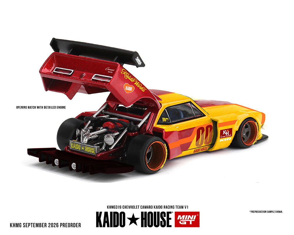*Pre-Order* Kaido House x Mini GT - Chevrolet Camaro Kaido Racing Team V1 - Red with Yellow Two-Tone *Sealed, Possibility of a Chase*