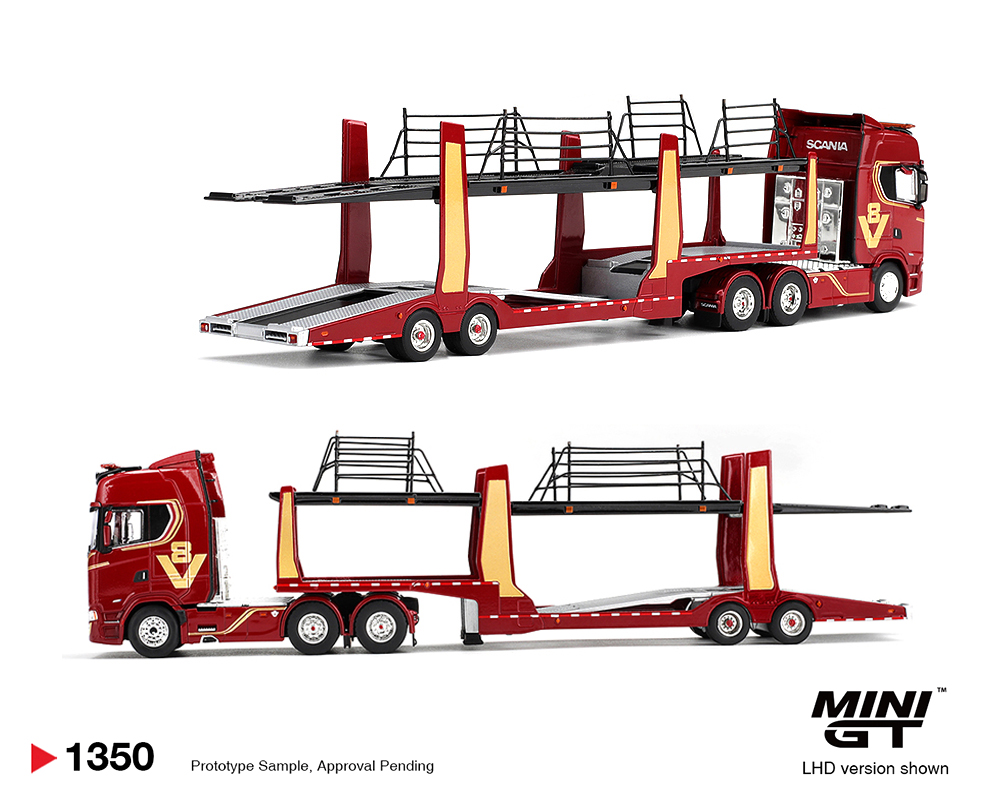 *Pre-Order* Mini GT - Scania 770S A6x4NA Car Transporter V8 50th anniversary + Car transporter – Red – Limited Edition