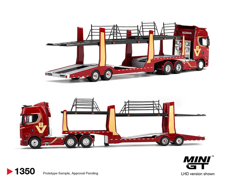 *Pre-Order* Mini GT - Scania 770S A6x4NA Car Transporter V8 50th anniversary + Car transporter – Red – Limited Edition