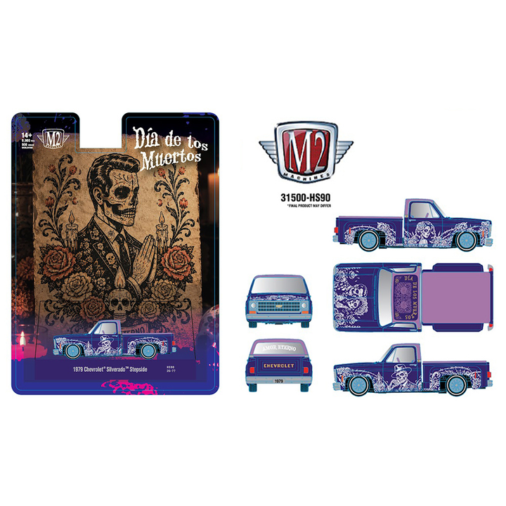 *Pre-Order* M2 Machines - 1979 Chevrolet Silverado Stepside “Dia De Los Muertos” – Purple – Hobby Exclusive