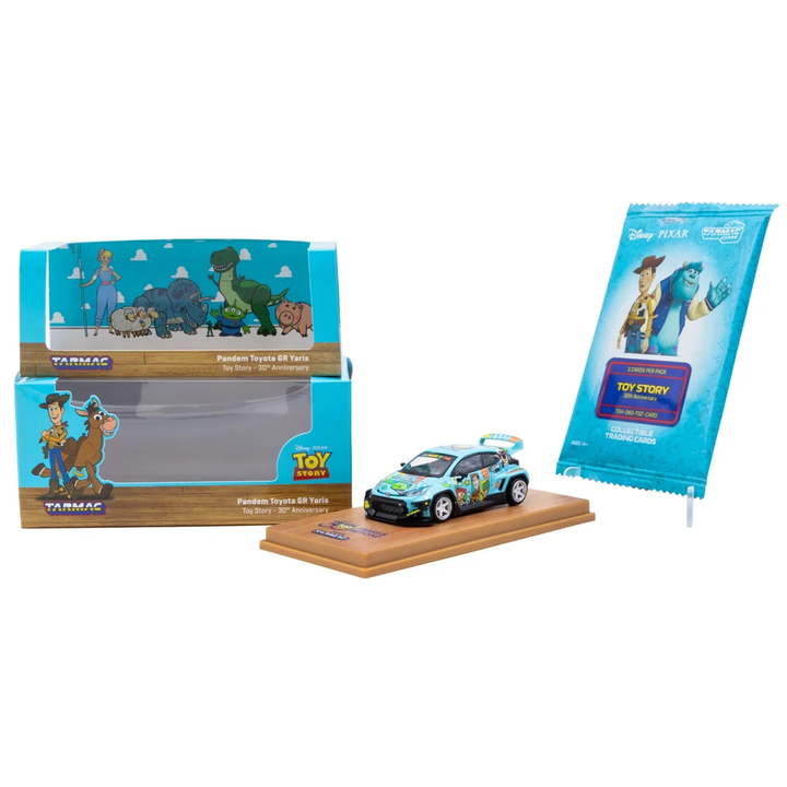 Tarmac Works - Pandem Toyota GR Yaris Toy Story - 30th Anniversary Model Car + Trading Cards Combo Set