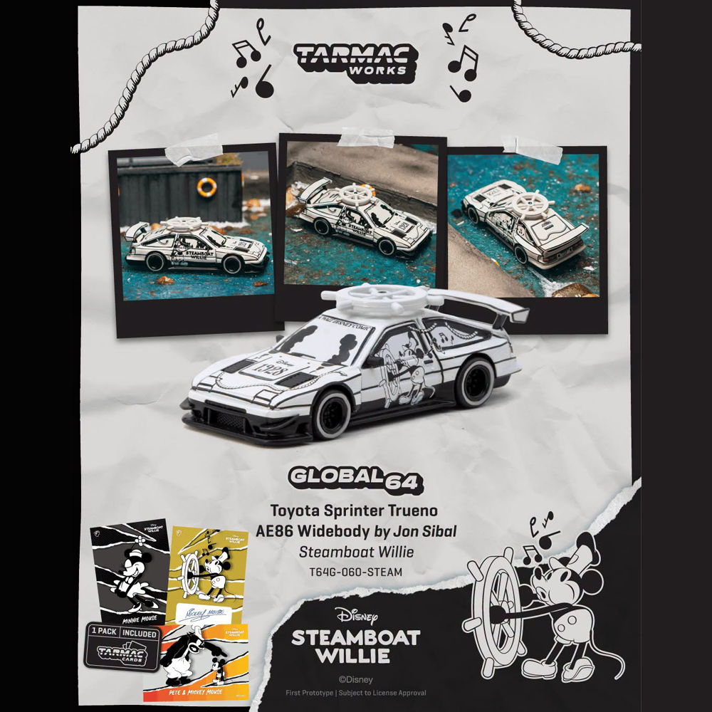 *Pre-Order* Tarmac Works - Toyota Sprinter Trueno AE86 Widebody by Jon Sibal Mickey &amp; Friends Steamboat Willie - Model Car + Tarmac Cards Combo Set