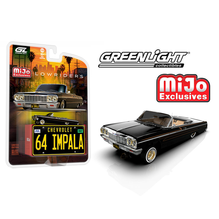 *Pre-Order* Greenlight - Lowriders 1964 Chevrolet Impala SS Convertible w/ Mini Metal License Plate – Black – Mijo Exclusives
