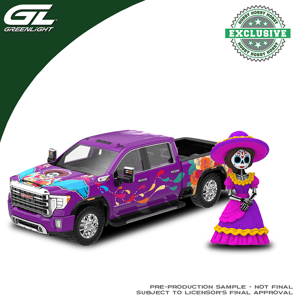 *Pre-Order* Greenlight - 2023 GMC Sierra 3500 HD – Dia De Los Muertos with La Catrina Figure – Purple – Hobby Exclusive