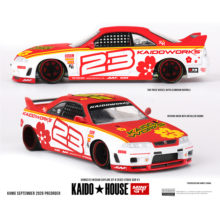 *Pre-Order* Kaido House x Mini GT - Nissan Skyline GT-R (R33) Kaido Stock Car V1 – White w/ Red Two-tone *Sealed, Possibility of a Chase*