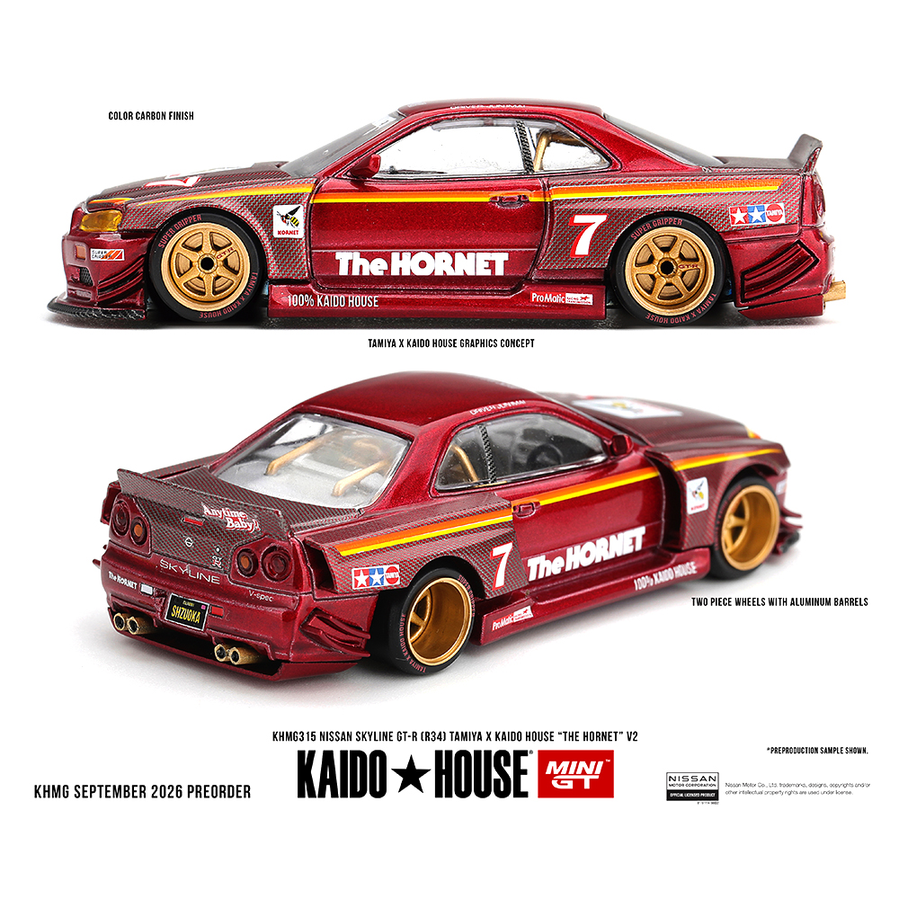 *Pre-Order* Kaido House x Mini GT - Nissan Skyline GT-R (R34) TAMIYA x KAIDO HOUSE “The Hornet” V2 – M. Red Carbon *Sealed, Possibility of a Chase*