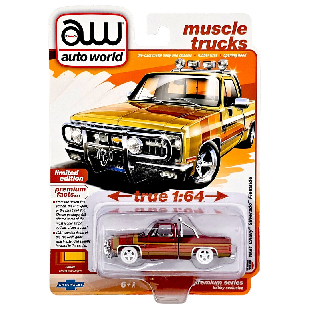 Auto World - 1981 Chevrolet Silverado Fleetside Custom Lowered – Custom Cream with Stripes – Muscle Trucks – Premium Hobby Exclusive Limited Edition *Chase* - Top CollectiblesDiecastAuto World