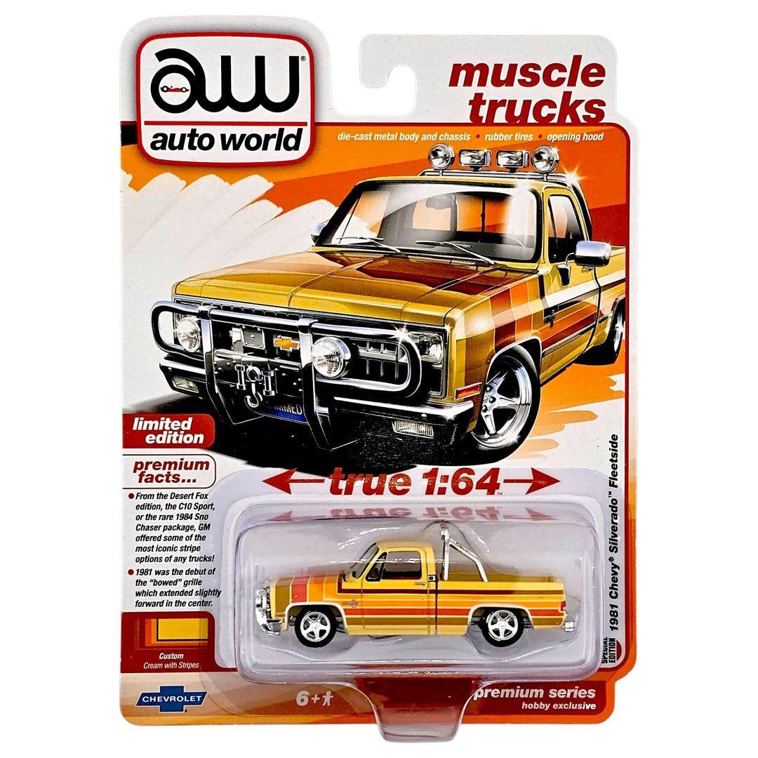 Auto World - 1981 Chevrolet Silverado Fleetside Custom Lowered – Custom Cream with Stripes – Muscle Trucks – Premium Hobby Exclusive Limited Edition - Top CollectiblesDiecastAuto World