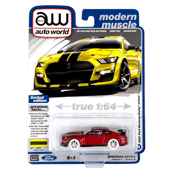 Auto World - 2021 Ford Mustang Shelby GT500 Carbon Fiber Track Pack - 2023 Modern Muscle Series *Ultra Red Chase* - Top CollectiblesDiecastAuto World