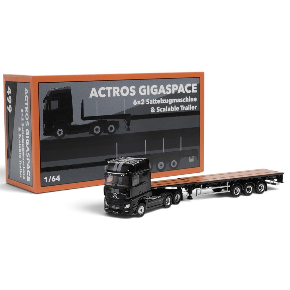 GCD - Mercedes-Benz Actros Gigaspace 3 Axle Tractor with Retractable Trailer - Black - Top CollectiblesDiecastGCD