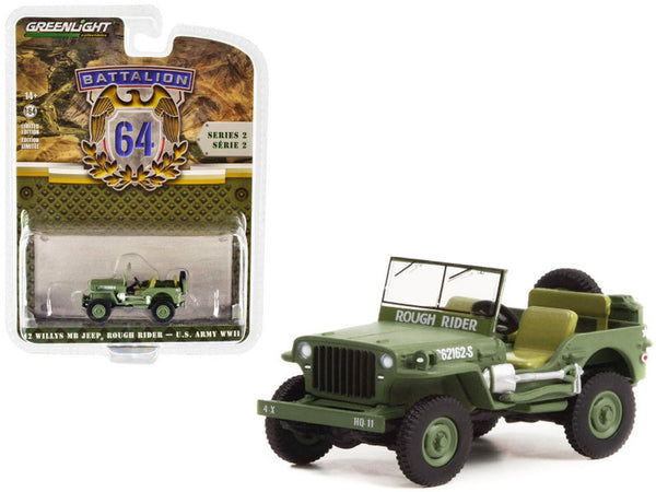 Greenlight - 1942 Willys MB Jeep Rough Rider - U.S. Army WWII - 2022 Battalion 64 Series - Top CollectiblesDiecastGreenlight