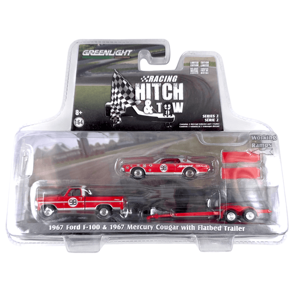 Greenlight - 1967 Ford F - 100 & 1967 Mercury Cougar with Flatbed Trailer - 2020 Racing Hitch & Tow Series - Top CollectiblesToy CarsGreenlight