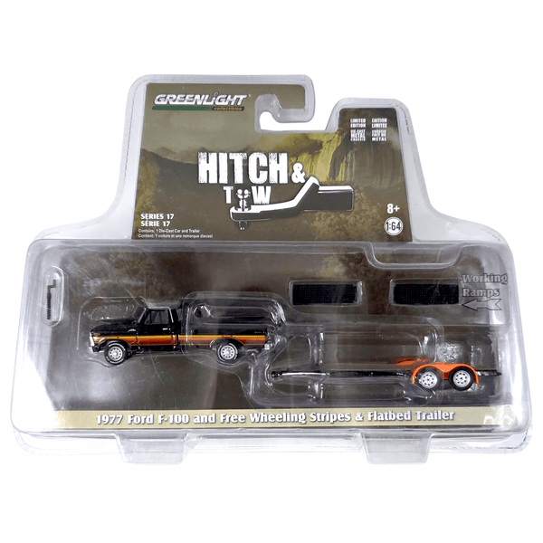 Greenlight - 1977 Ford F - 100 and Free Wheeling Stripes & Flatbed Trailer - 2019 Hitch & Tow Series - Top CollectiblesToy CarsGreenlight