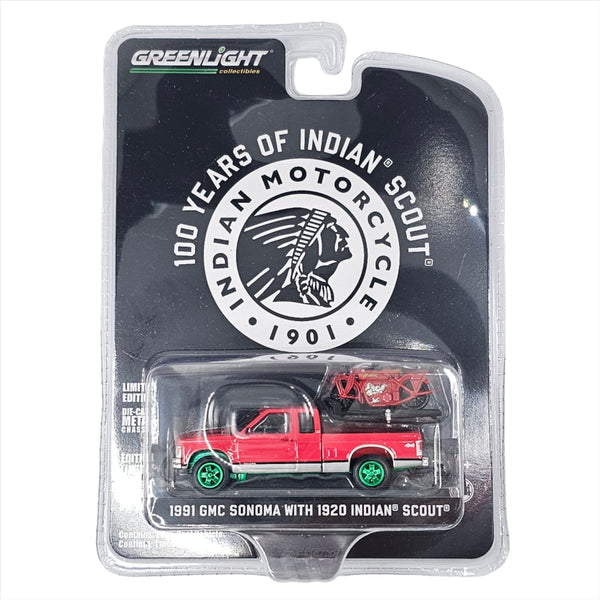 Greenlight - 1991 GMC Sonoma with 1920 Indian Scout - 2021 *Chase* - Top CollectiblesDiecastGreenlight