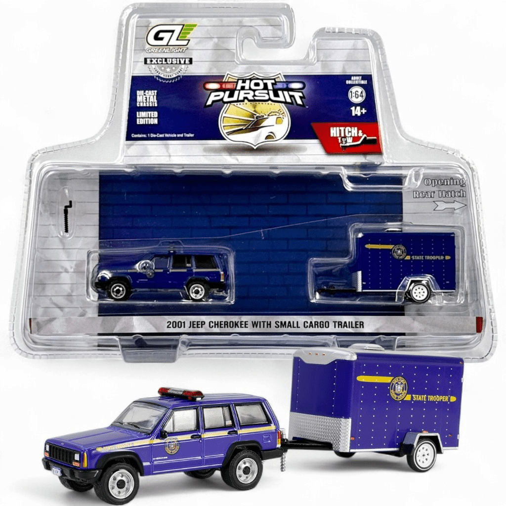 Greenlight - 2001 Jeep Cherokee With Small Cargo Trailer - 2025 Hitch &amp; Tow Series - Top CollectiblesToy CarsGreenlight