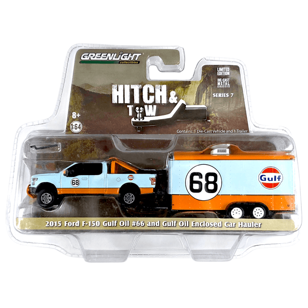 Greenlight - 2015 Ford F - 150 Gulf Oil 66 & Gulf Oil Enclosed Car Hauler - 2016 Hitch & Tow Series - Top CollectiblesToy CarsGreenlight