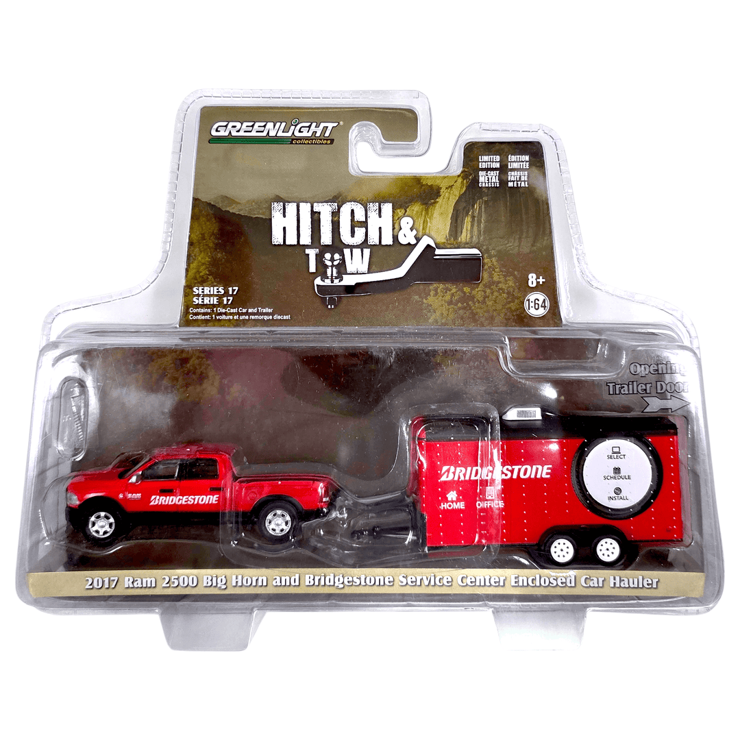 Greenlight - 2017 Ram 2500 Big Horn and Bridgestone Service Center Enclosed Car Hauler - 2020 Hitch & Tow Series - Top CollectiblesToy CarsGreenlight