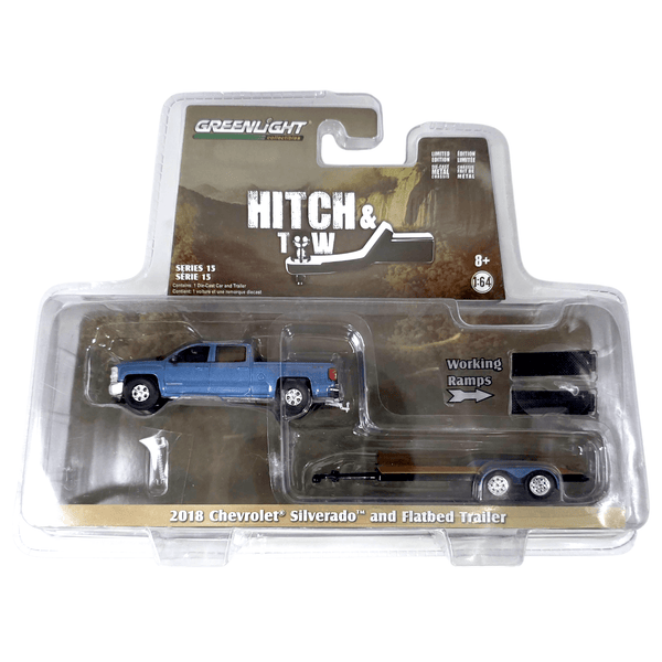 Greenlight - 2018 Chevrolet Silverado & Flatbed Trailer - 2018 Hitch & Tow Series - Top CollectiblesToy CarsGreenlight