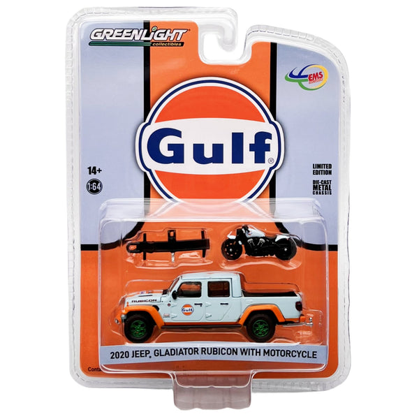 Greenlight - 2020 Jeep Gladiator Rubicon With Indian Motorcycle - Gulf Livery *EMS Indonesia Exclusive - Chase* - Top CollectiblesDiecastGreenlight