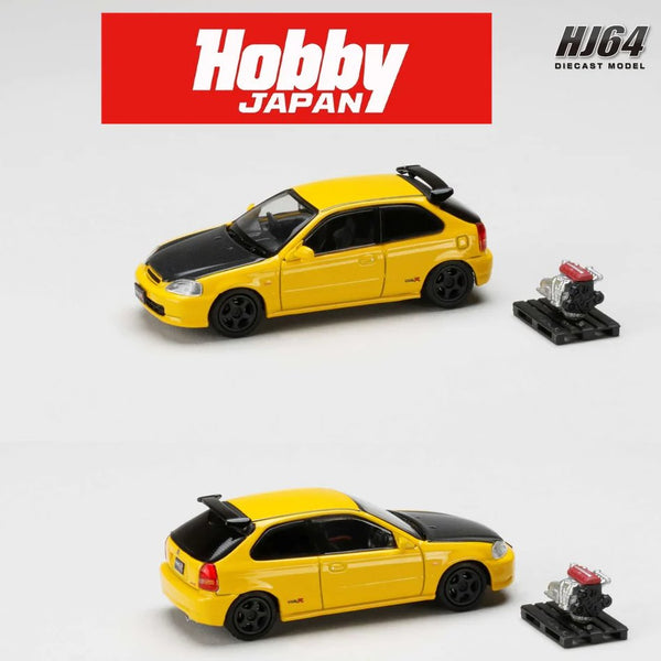 Hobby Japan - Honda Civic Type R (EK9) w/ Engine Display - Yellow - Top CollectiblesDiecastHobby Japan