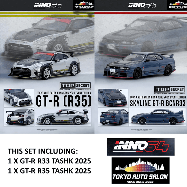 INNO64 - Nissan GT - R (R35) &amp; Skyline GT - R BCNR33 Top Secret 2 - Car Set *Tokyo Auto Salon Hong Kong 2025 Exclusive Models* - Top CollectiblesDiecastINNO64