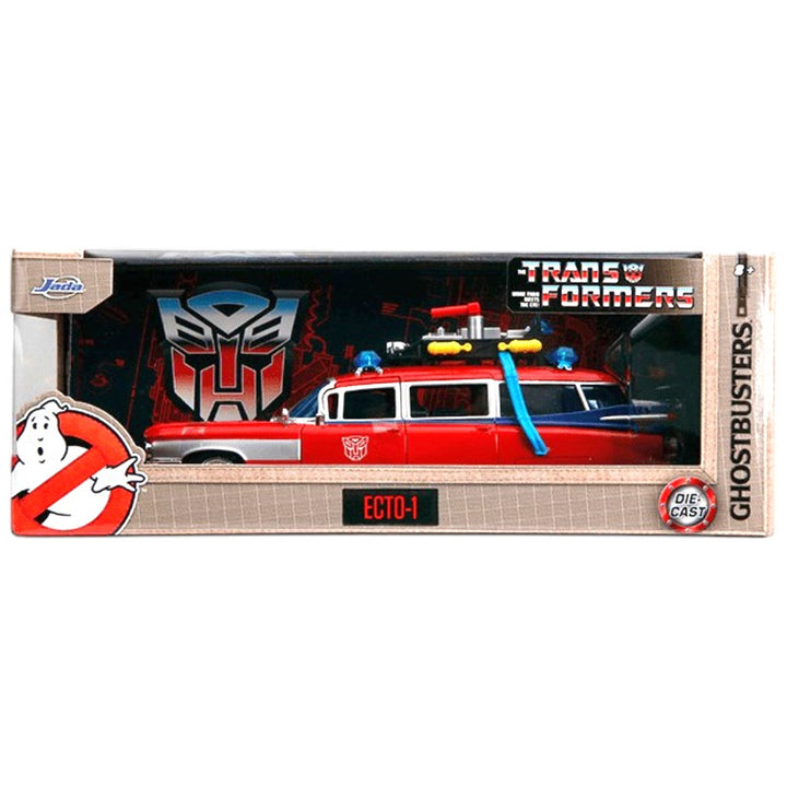 Jada Toys - Ghostbusters x Transformers Ecto-1 with Optimus Prime Graphics – Red with Autobots Logo - 2024 Hollywood Rides Series *1/24 Scale*