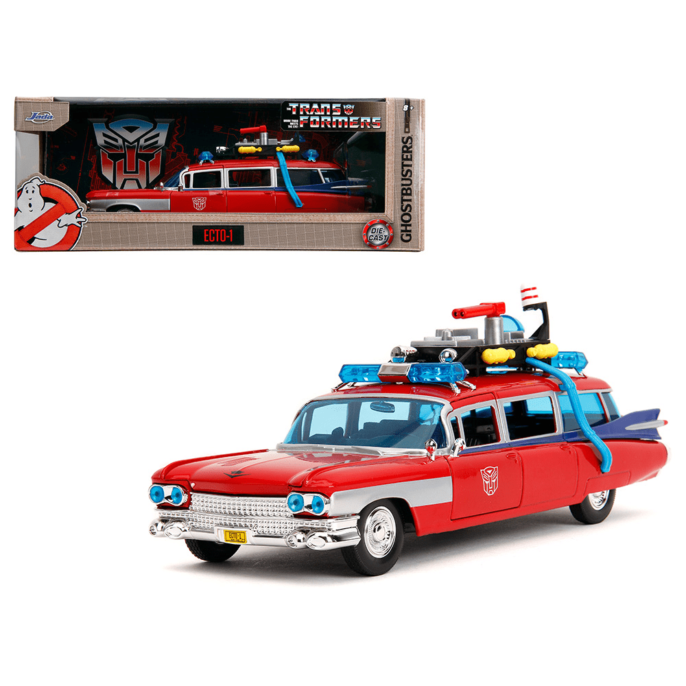 Jada Toys - Ghostbusters x Transformers Ecto - 1 with Optimus Prime Graphics – Red with Autobots Logo - 2024 Hollywood Rides Series *1/24 Scale* - Top CollectiblesDiecastJada Toys