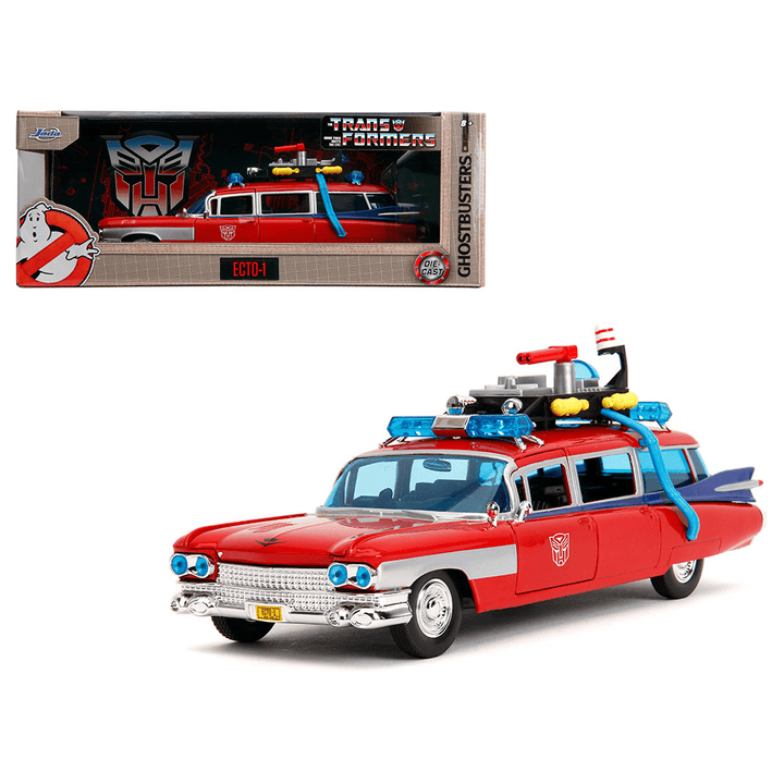 Jada Toys - Ghostbusters x Transformers Ecto - 1 with Optimus Prime Graphics – Red with Autobots Logo - 2024 Hollywood Rides Series *1/24 Scale* - Top CollectiblesDiecastJada Toys