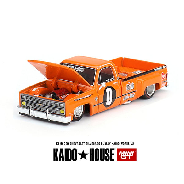 Kaido House x Mini GT - Chevrolet Silverado Dually Kaido Works V2 – Orange *Sealed, Possibility of a Chase* - Top CollectiblesDiecastMini GT