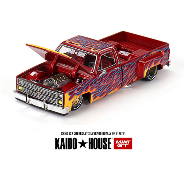 Kaido House x Mini GT - Chevrolet Silverado Dually on Fire V1 – Red with Flames *Sealed, Possibility of a Chase* - Top CollectiblesDiecastMini GT