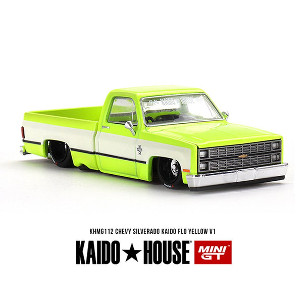 Kaido House x Mini GT - Chevrolet Silverado KAIDO Flo V1 – Yellow Chrome *Sealed, Possibility of a Chase* - Top CollectiblesDiecastMini GT