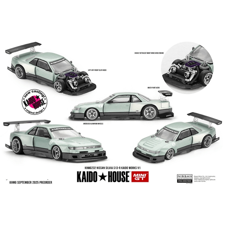 Kaido House x Mini GT - Nissan Silvia S13 - R KAIDO WORKS V1 – Sea Foam Green *Sealed, Possibility of a Chase* - Top CollectiblesDiecastMini GT