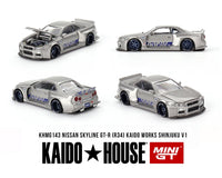 Kaido House x Mini GT - Nissan Skyline GT - R (R34) Kaido Works SHINJUKU V1 – Silver *Sealed, Possibility of a Chase - Pre - Order* - Top CollectiblesDiecastMini GT