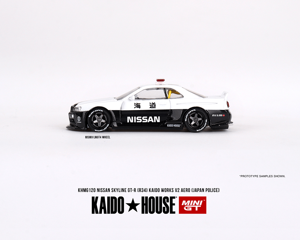 Kaido House x Mini GT - Nissan Skyline GT - R (R34) Kaido Works V2 Aero - Japan Police - Top CollectiblesDiecastMini GT