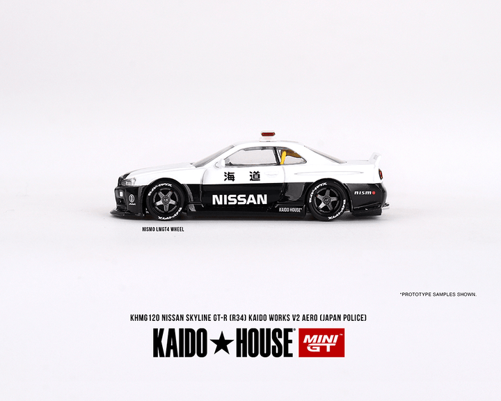 Kaido House x Mini GT - Nissan Skyline GT - R (R34) Kaido Works V2 Aero - Japan Police - Top CollectiblesDiecastMini GT